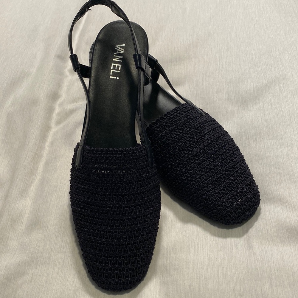 Navy Vaneli crochet sling back sandals.